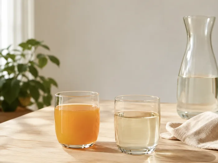 Zwei Gläser mit Saft und Wasser neben einer Karaffe auf einem Holztisch