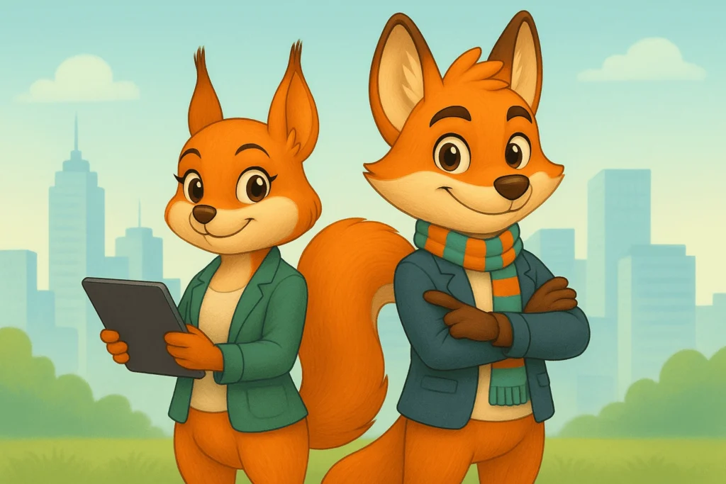 Illustration von Fine und Felix, die nebeneinander mit Klemmbrett und Tablet stehen, im Hintergrund eine Stadt