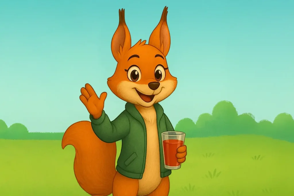 Illustration von Fine, der Fuchsdame, die einen Smoothie in der Hand hält und vor einer grünen Landschaft steht