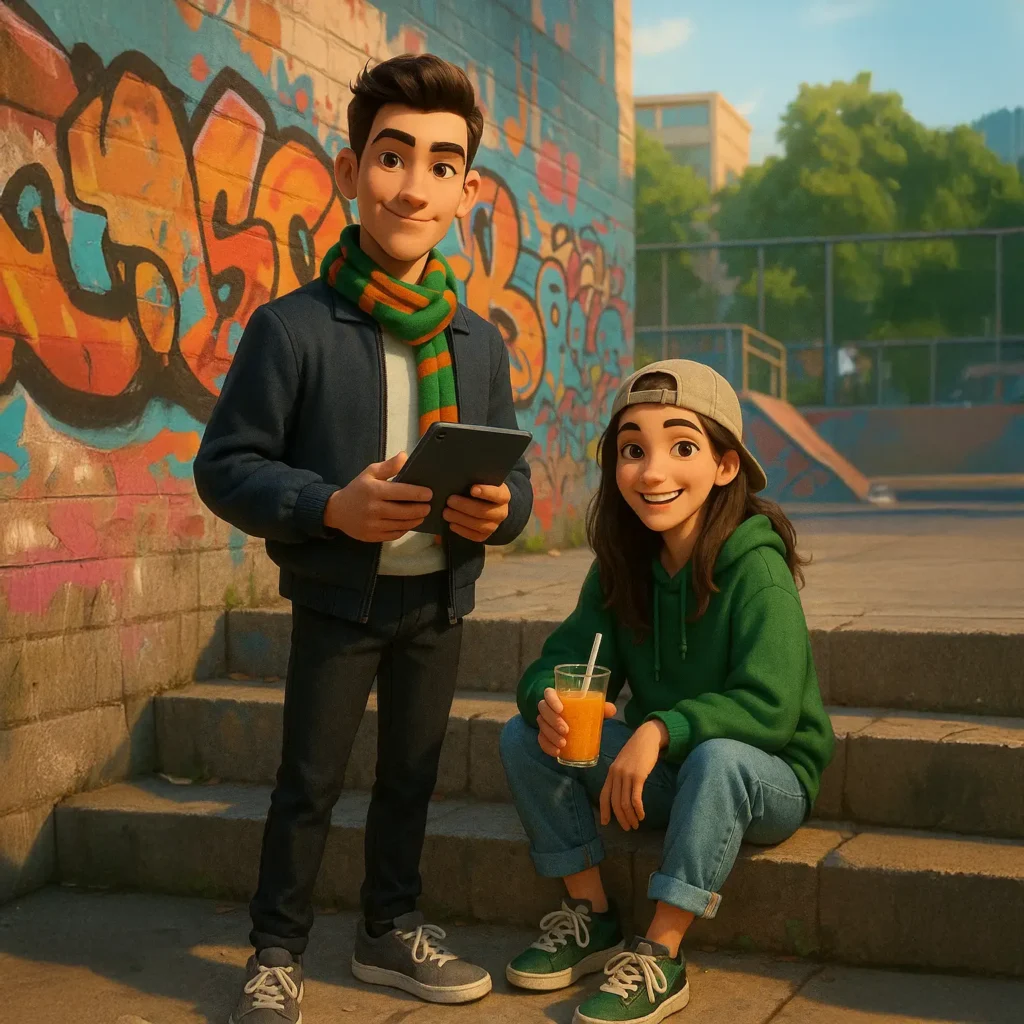 Illustration von Fine und Felix, die nebeneinander stehen und freundlich lächeln