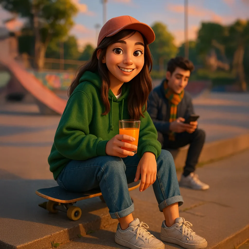 Illustration von Fine, der Fuchsdame, die einen Smoothie in der Hand hält und vor einer grünen Landschaft steht