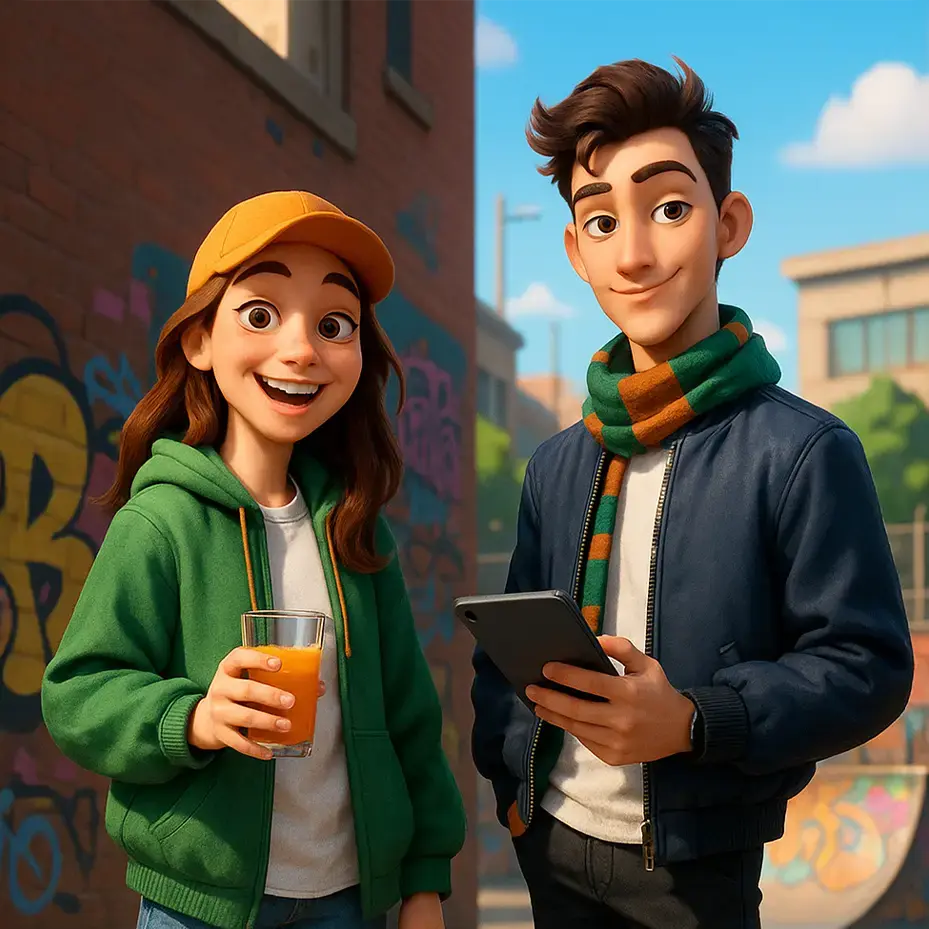 Illustration von Fine und Felix, die nebeneinander mit Klemmbrett und Tablet stehen, im Hintergrund eine Stadt