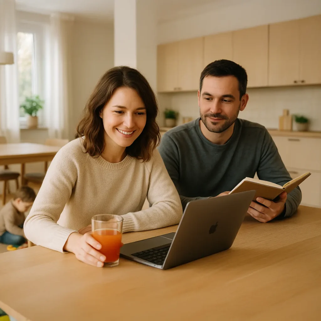 Familie beim Arbeiten und Spielen Familie beim Arbeiten und Spielen